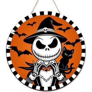 Halloween Decorations Jack Wreath Sign for Front Door Decor Spooky Bat Wood